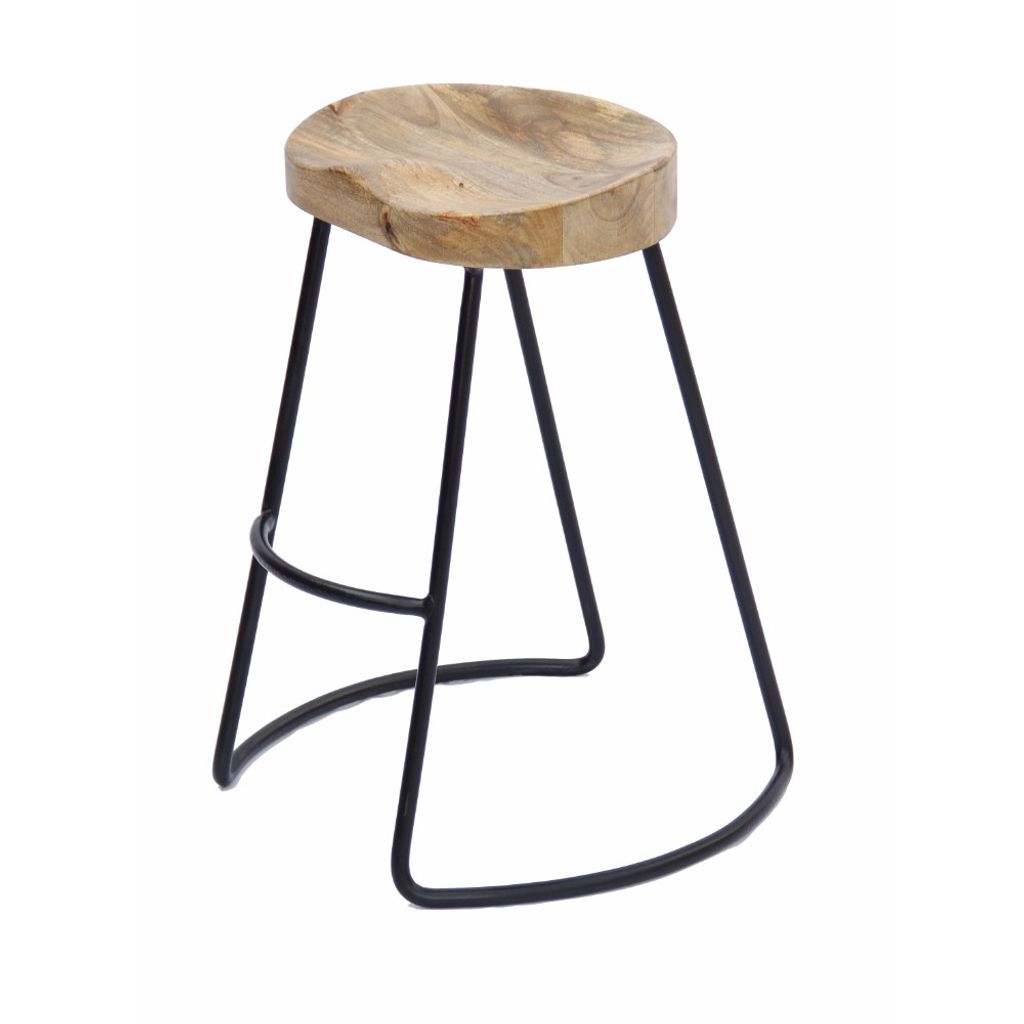 Ela 24 Inch Counter Height Stool, Mango Wood Saddle Seat, Iron Frame, Brown and Black