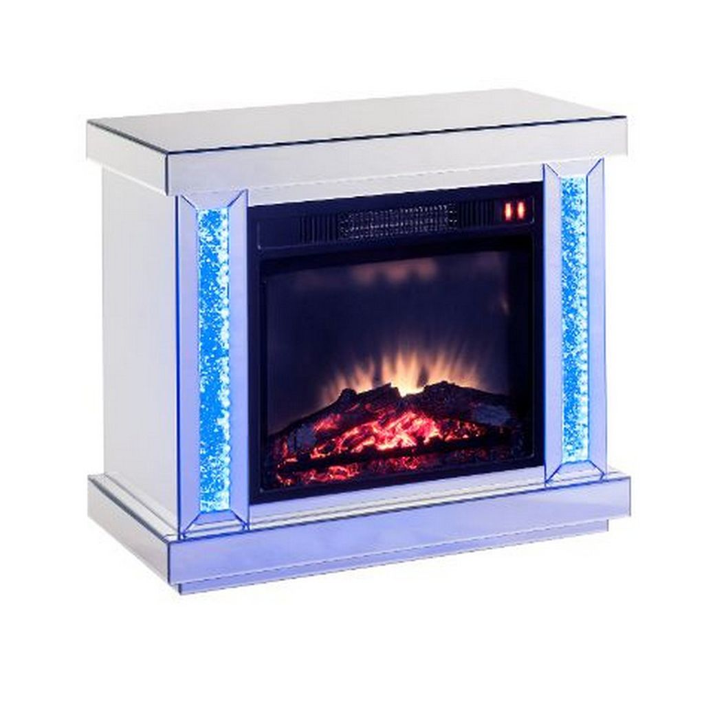 Electric Fireplace with Mirror Panel Framing and Faux Diamonds, Silver - View 3
