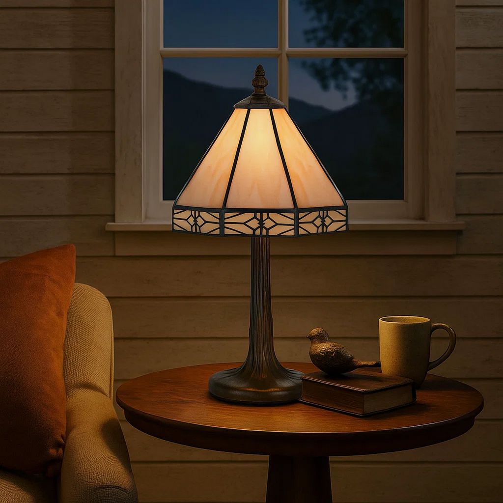 Tree Like Metal Body Tiffany Table lamp with Conical Shade,Beige and Bronze - View 7