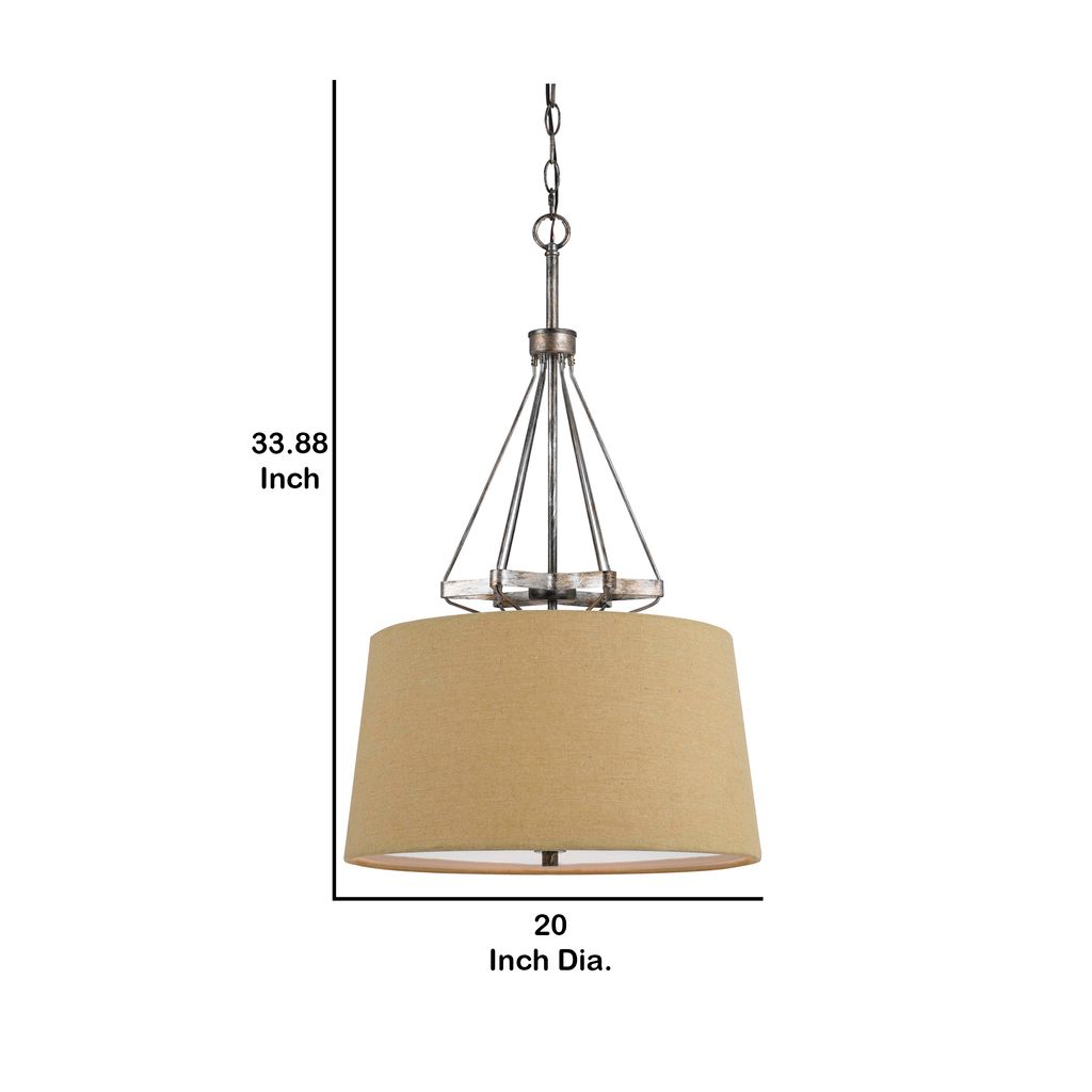 3 Bulb Pendent with Round Burlap Shade and Metal Frame, Beige - View 5