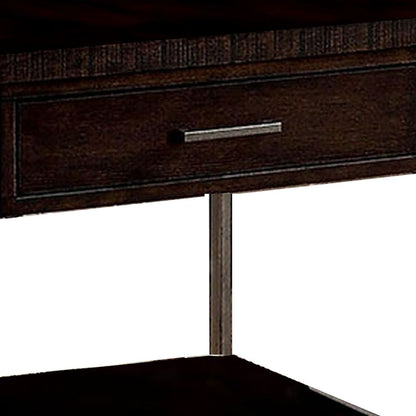 1 Drawer Wooden End Table with Metal Frame, Brown - View 3
