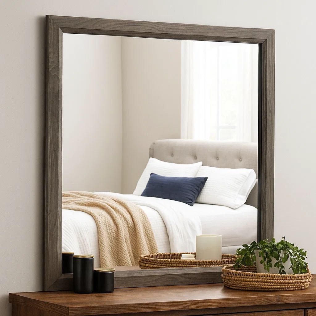35 Inch Transitional Style Wooden Frame Mirror, Gray - View 7