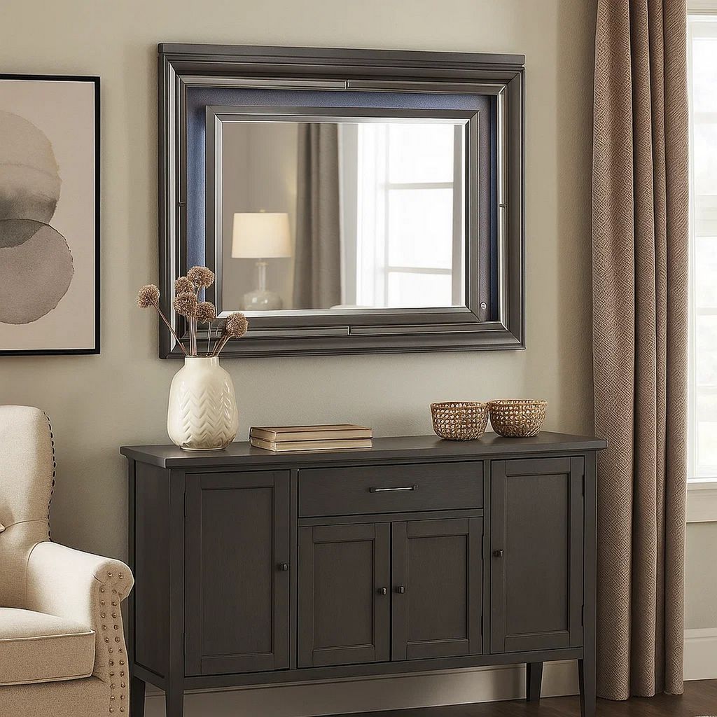 Wall Mirror with Mirror Accent and Beveled Edges, Gray - View 7