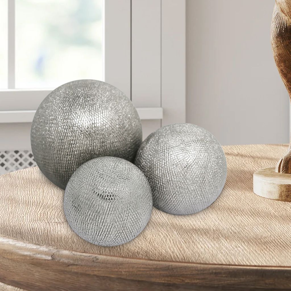 Decorative Ceramic Orbs with Textured Design, Silver, Set of Three - View 7