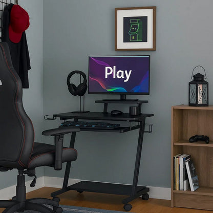 Gaming Desk with Metal Frame and Casters, Black - View 7