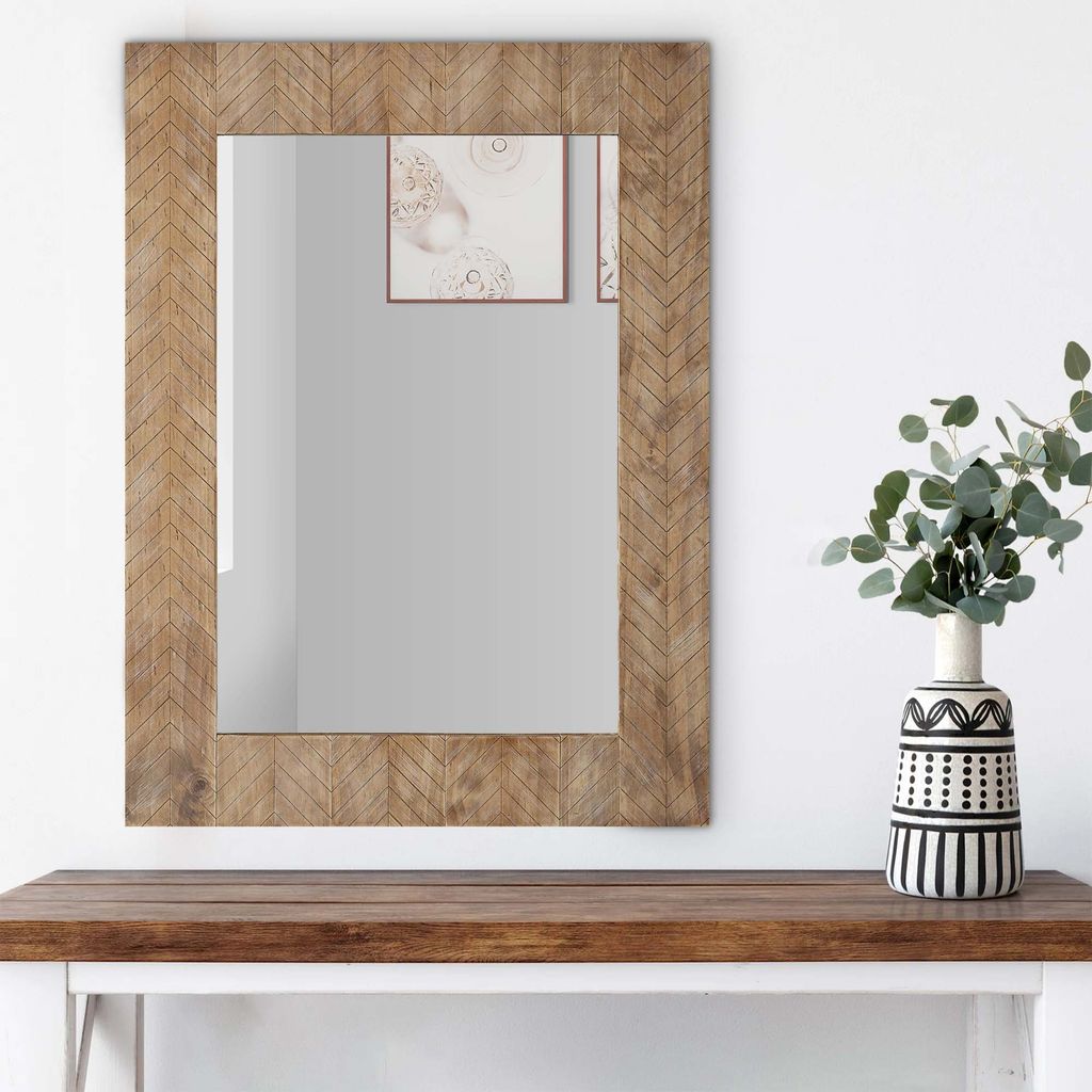 39 Inch Wood Frame Wall Mirror, Chevron Design, Brown - View 7