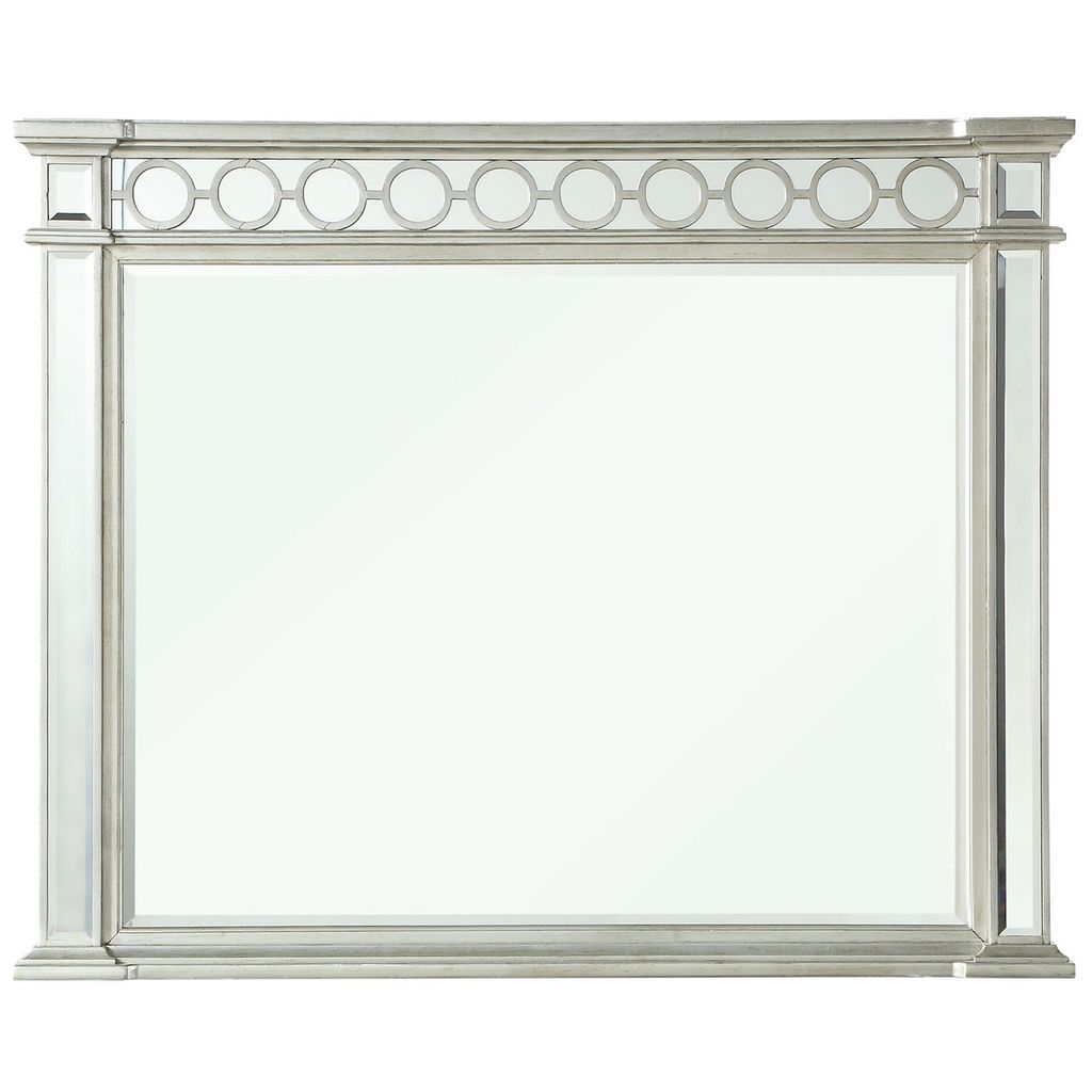 Wooden Raised Geometric Pattern Frame Mirror with Beveled Edges, Silver