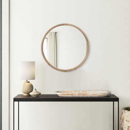 28 Inch Round Wall Mount Accent Mirror, Natural Fir Wood with Subtle Grains - View 6