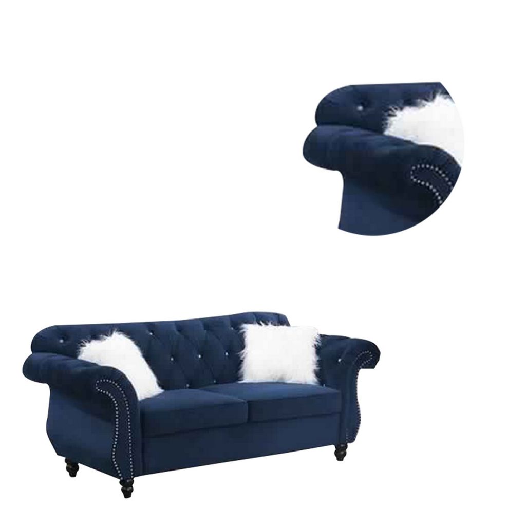 77 Inches Nailhead Trim Velvet Loveseat with Crystal Tufting, Blue - View 5