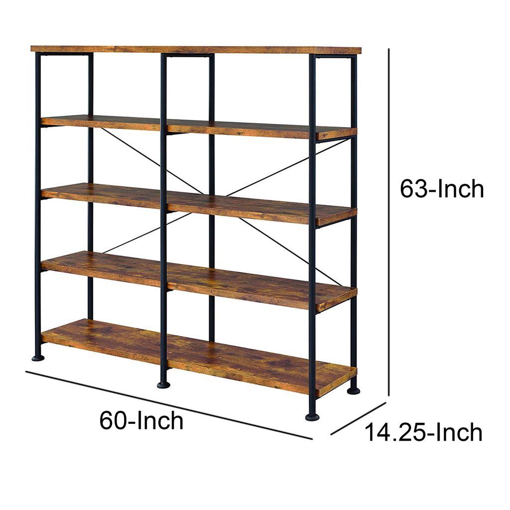 Olga 63 Inch Industrial 4 Tier Shelf Bookshelf, Particleboard, Metal Frame, Brown, Black - View 6