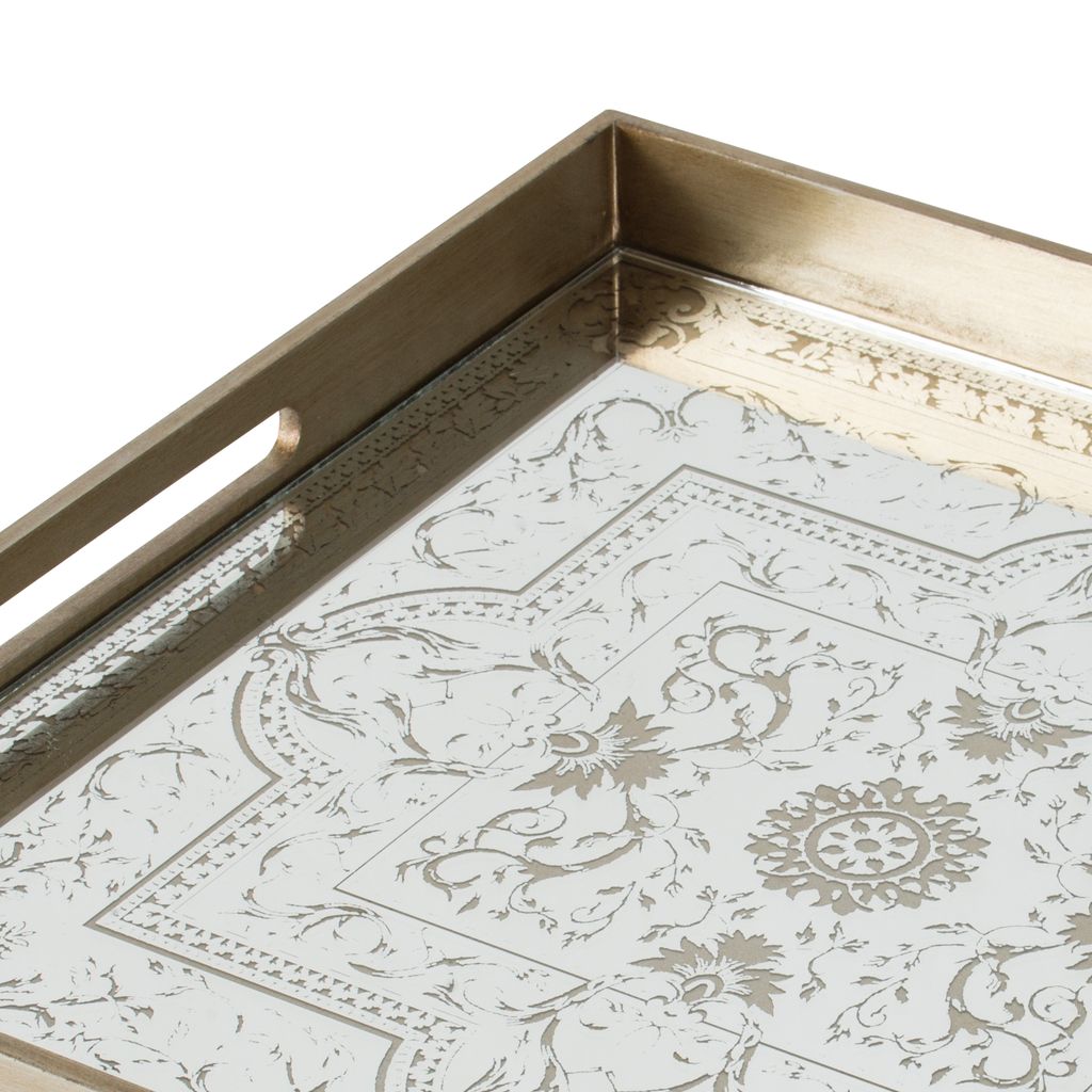 Miki 20 Inch Square Decorative Tray, Artisan Mirrored Floral Pattern, Gold - View 3