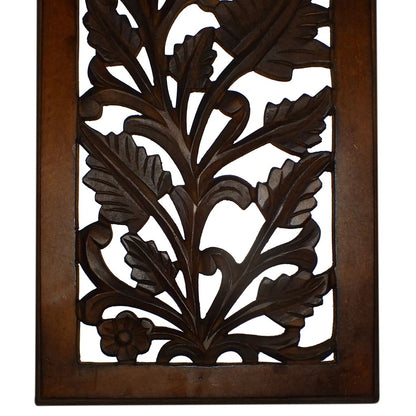 Mango Wood Wall Panel Hand Crafted with Leaves and Scroll Work Motif, Brown - View 4