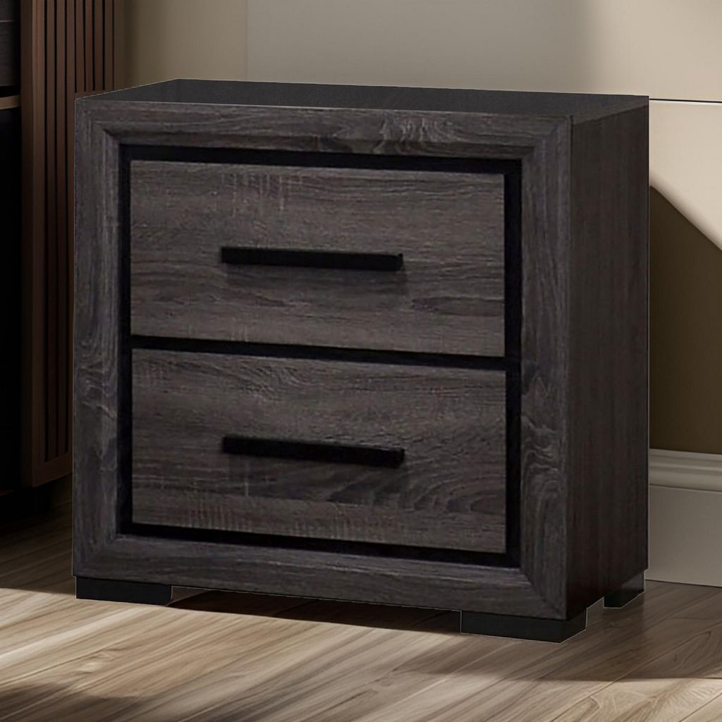 Wooden Nightstand with 2 Drawers and Finger Pull Handle,Gray and Black - View 7