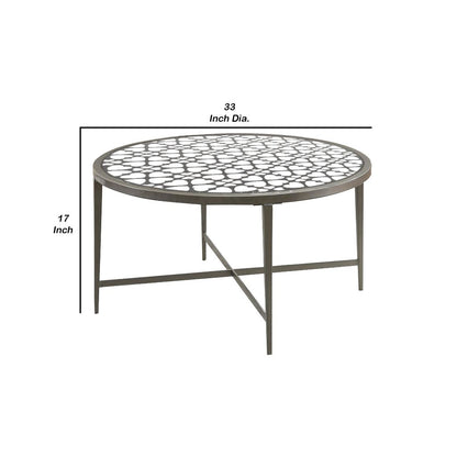 Round Glass Top Coffee Table with X Support Metal Base, Silver - View 6