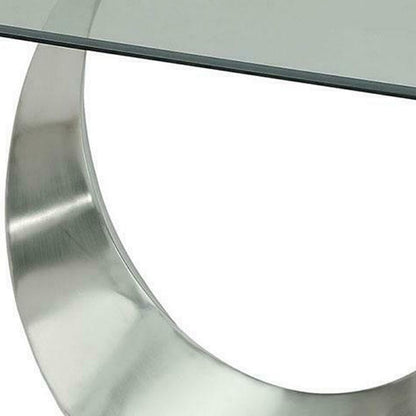Metal and Glass Dining Table with Unique U Shape Pedestal Base, Chrome and Black - View 5