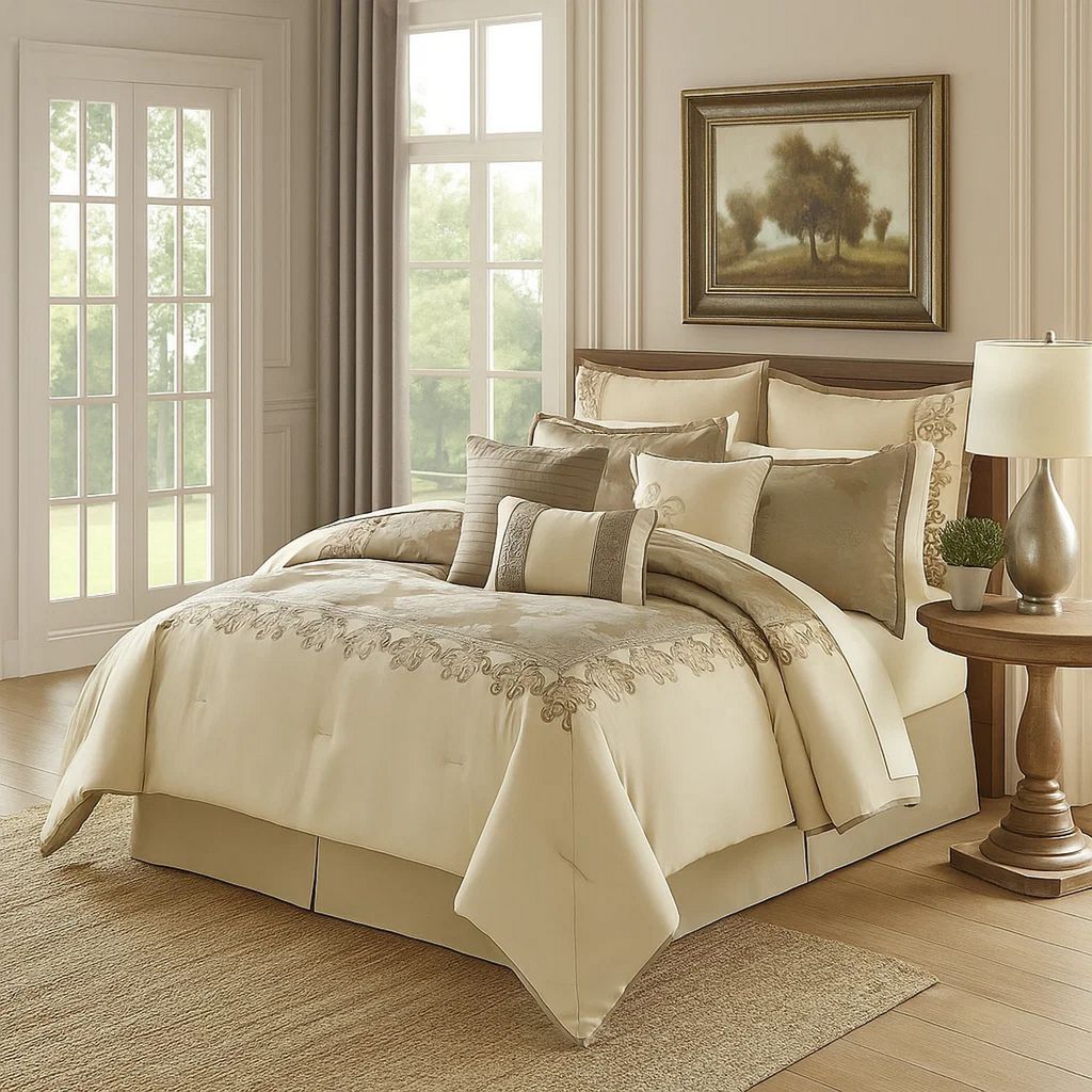 9 Piece Queen Polyester Comforter Set with Damask Print, Cream and Gold - View 7