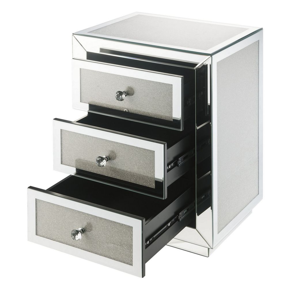 3 Drawer Mirrored Accent Table with Faux Diamond Inlay, Silver - View 3