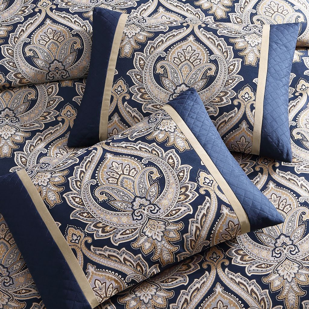 Nova 9 Piece Polyester Queen Comforter Set, Gold Damask Print, Navy Blue - View 3