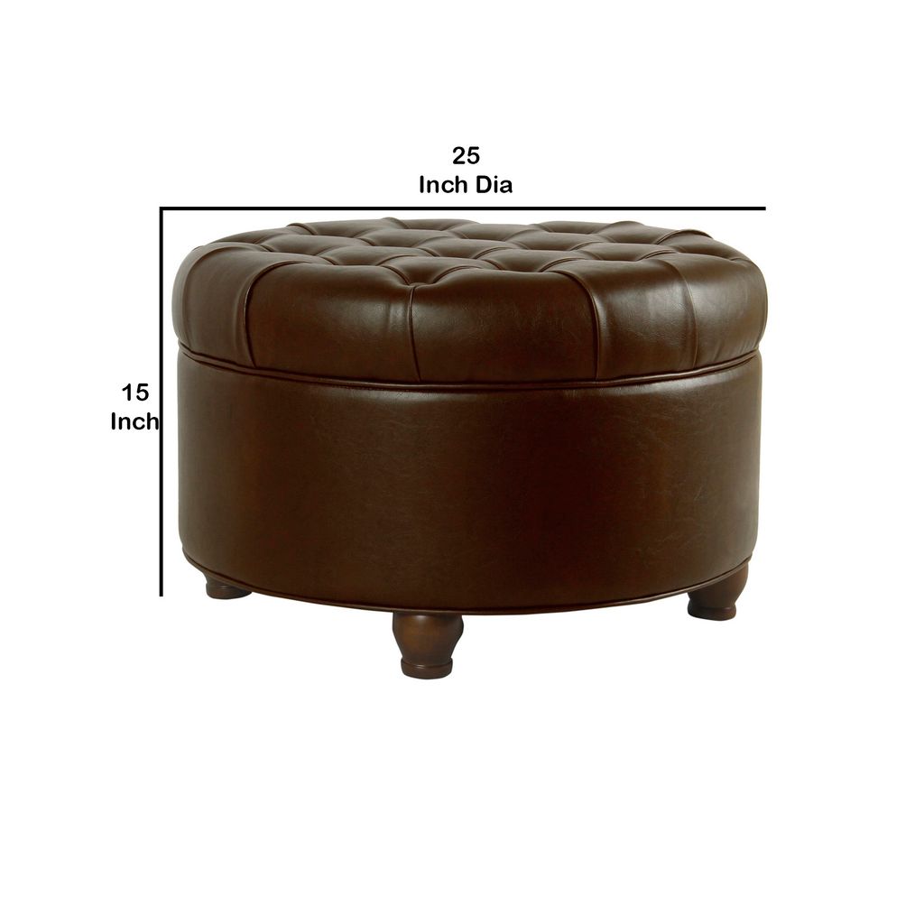 Leatherette Upholstered Wooden Ottoman with Tufted Lift Off Lid Storage, Brown - View 6