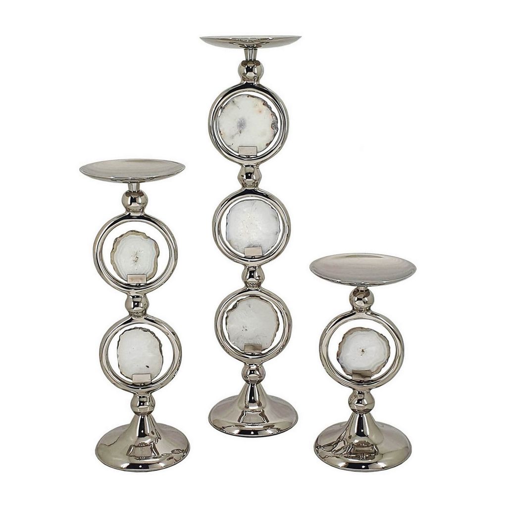 22, 16, 10 Inch Pillar Candle Set of 3, Agate Stone, Silver Metal Frame