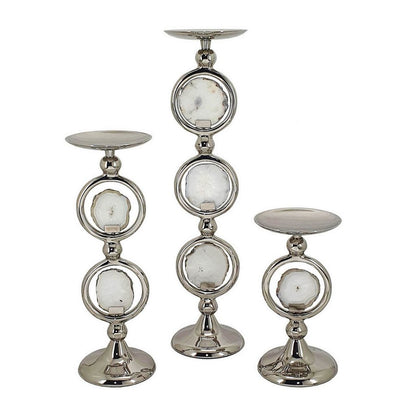 22, 16, 10 Inch Pillar Candle Set of 3, Agate Stone, Silver Metal Frame