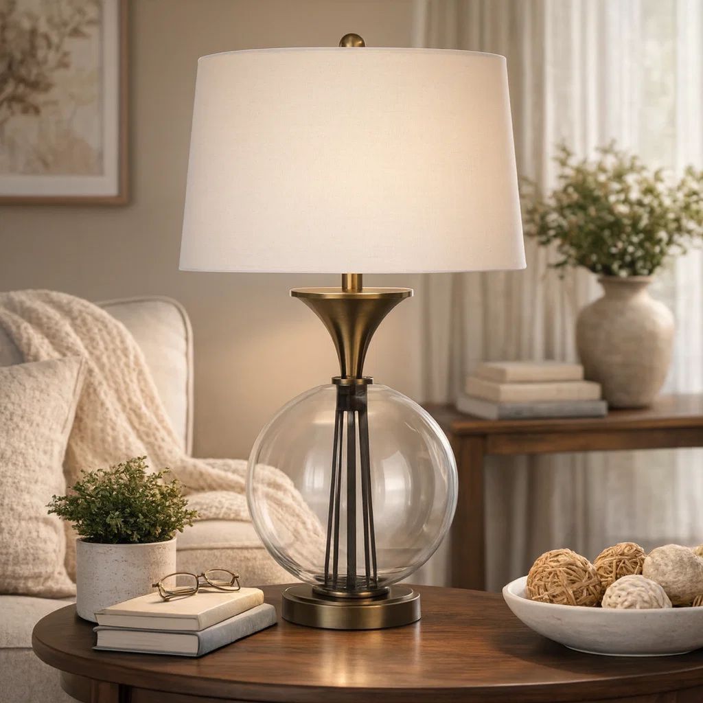 46 Inch Metal And Glass Globe Table Lamp, Dimmer, Brass Finish - View 7