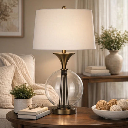 46 Inch Metal And Glass Globe Table Lamp, Dimmer, Brass Finish - View 7