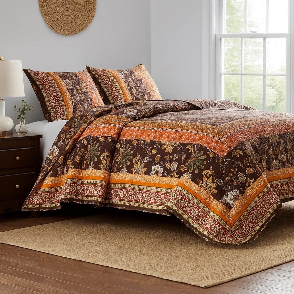 3 Piece King Quilt Set, Bohemian, Jacobean Floral Print, Brown, Orange - View 7