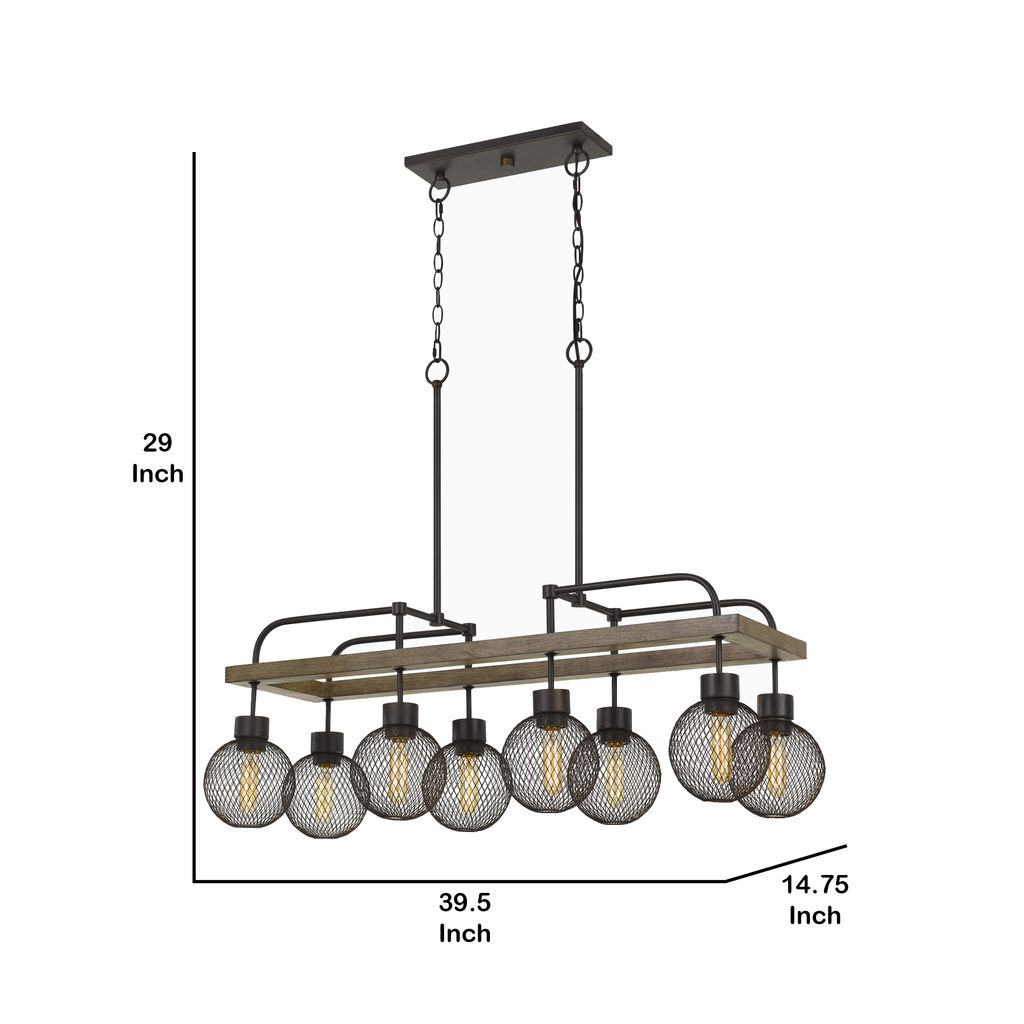 8 Bulb Chandelier with Wooden Frame and Metal Orb Shades, Brown and Black - View 6
