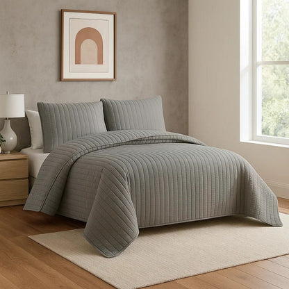 3 Piece Crinkles Queen Size Coverlet Set with Vertical Stitching, Gray - View 7