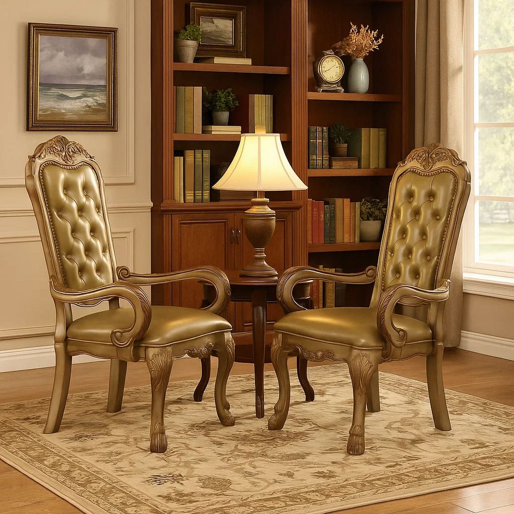 Leatherette Upholstered Arm Chair with Intricate Carvings, Set of 2, Gold - View 7