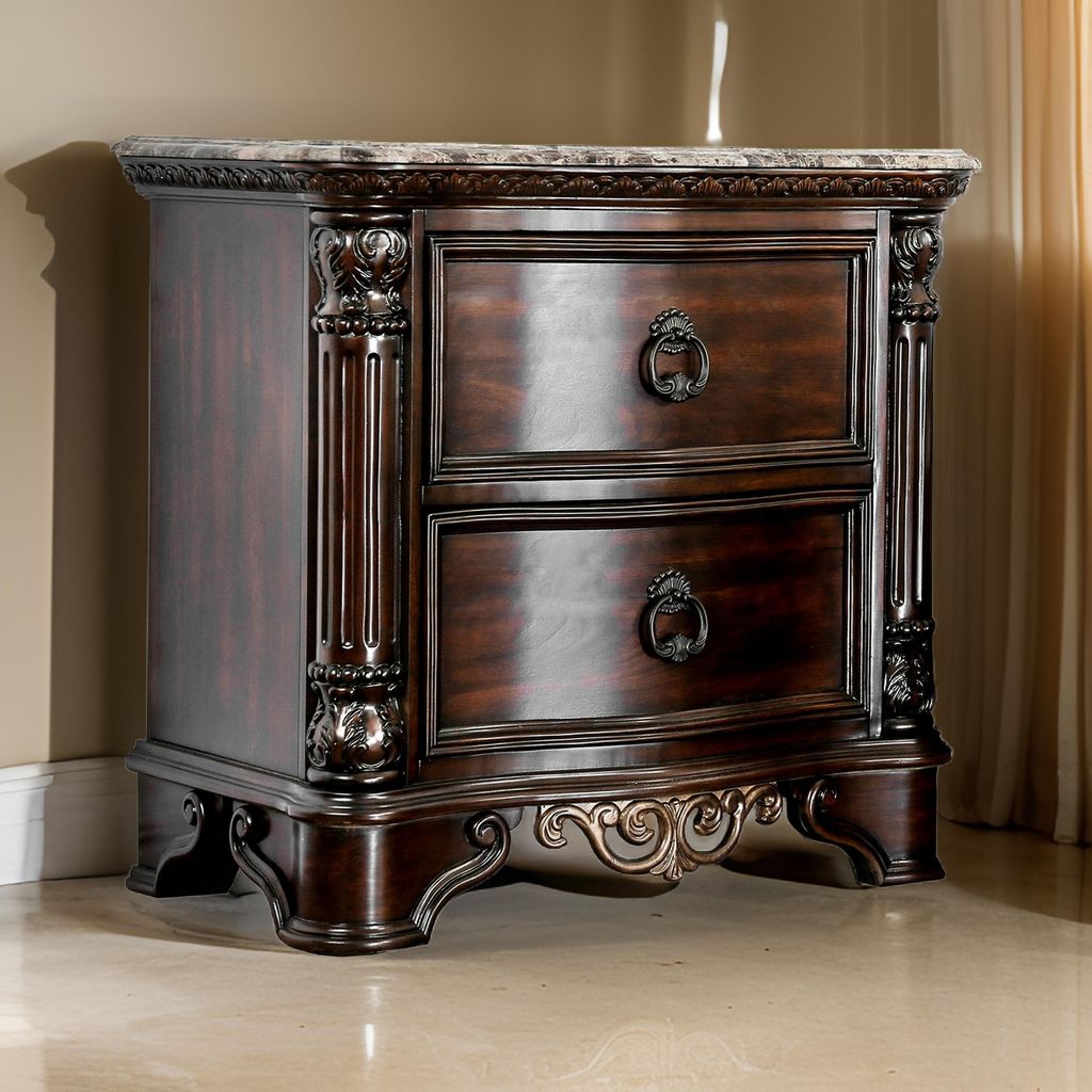 30 Inch Nightstand with 2 Drawers, Classic Marble Top, Ornate Pilasters, Dark Cherry Brown - View 7