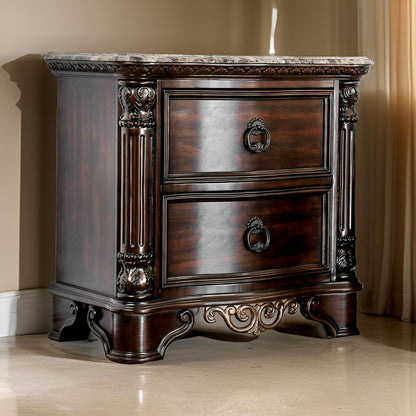 30 Inch Nightstand with 2 Drawers, Classic Marble Top, Ornate Pilasters, Dark Cherry Brown - View 7