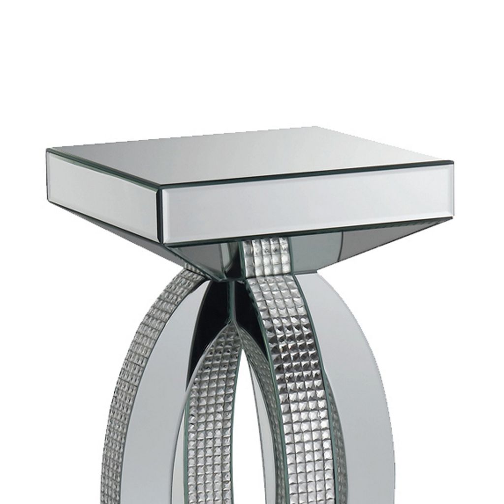 Square Wooden End Table with Curved Body and Rhinestone Accents, Silver - View 2
