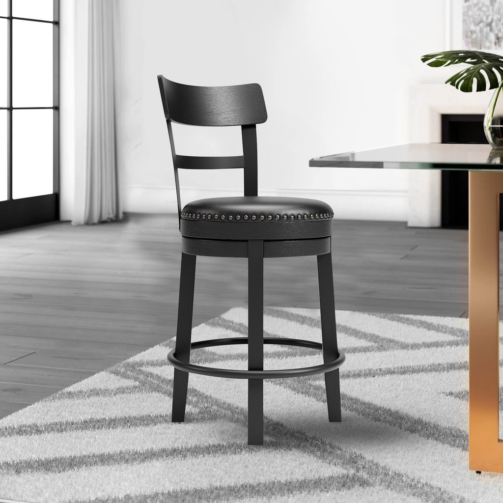 Solid Wood Counter Height Barstool, 360 Degree Swivel, Leatherette Seat, Black - View 7