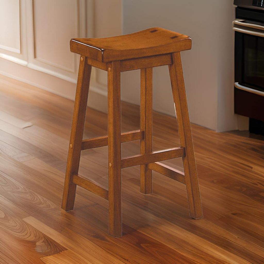 Wooden 29" Counter Height Stool with Saddle Seat, Oak Brown, Set Of 2 - View 7