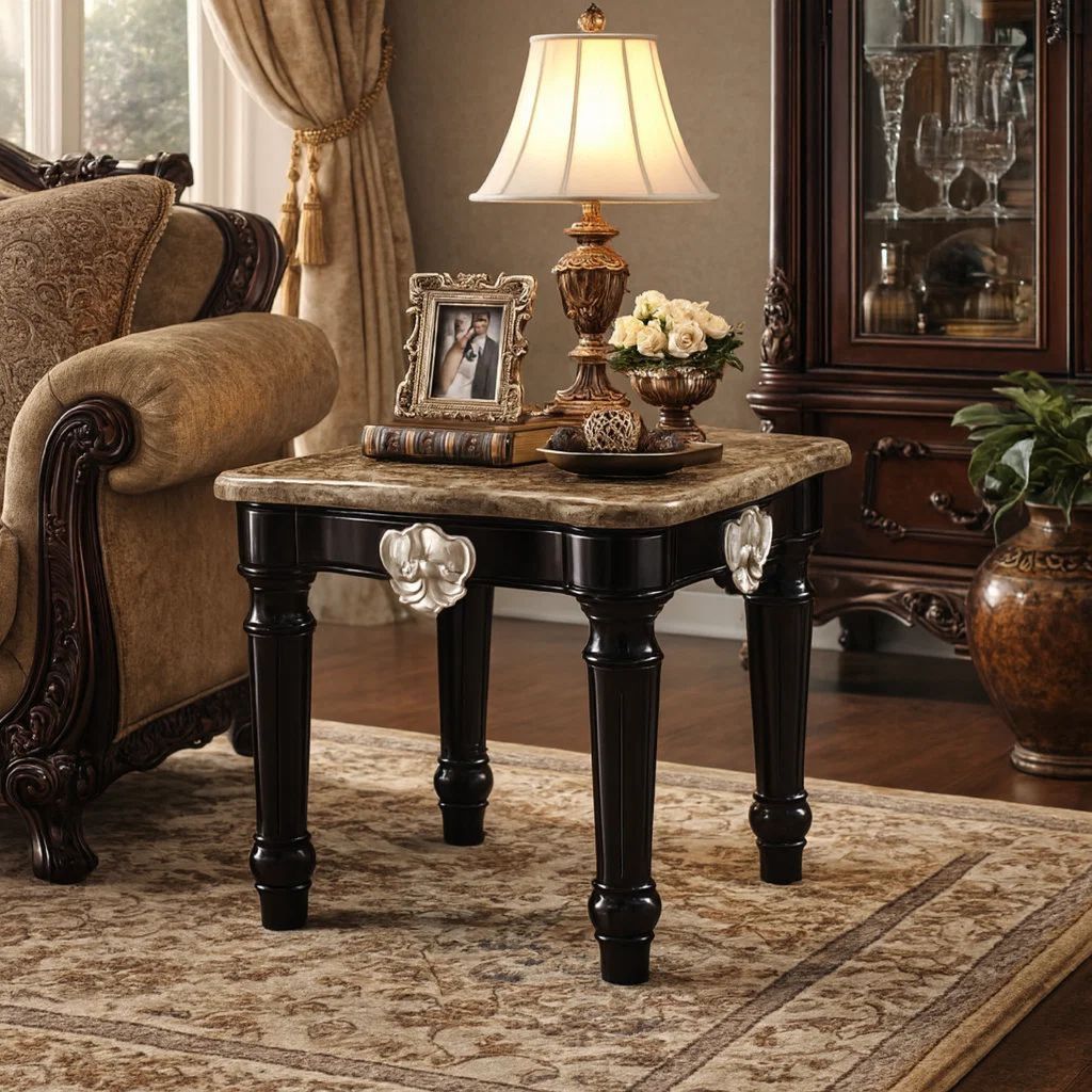 Marble Top End Table With Contrast Carved Motif Turned Wood Legs, Black - View 7