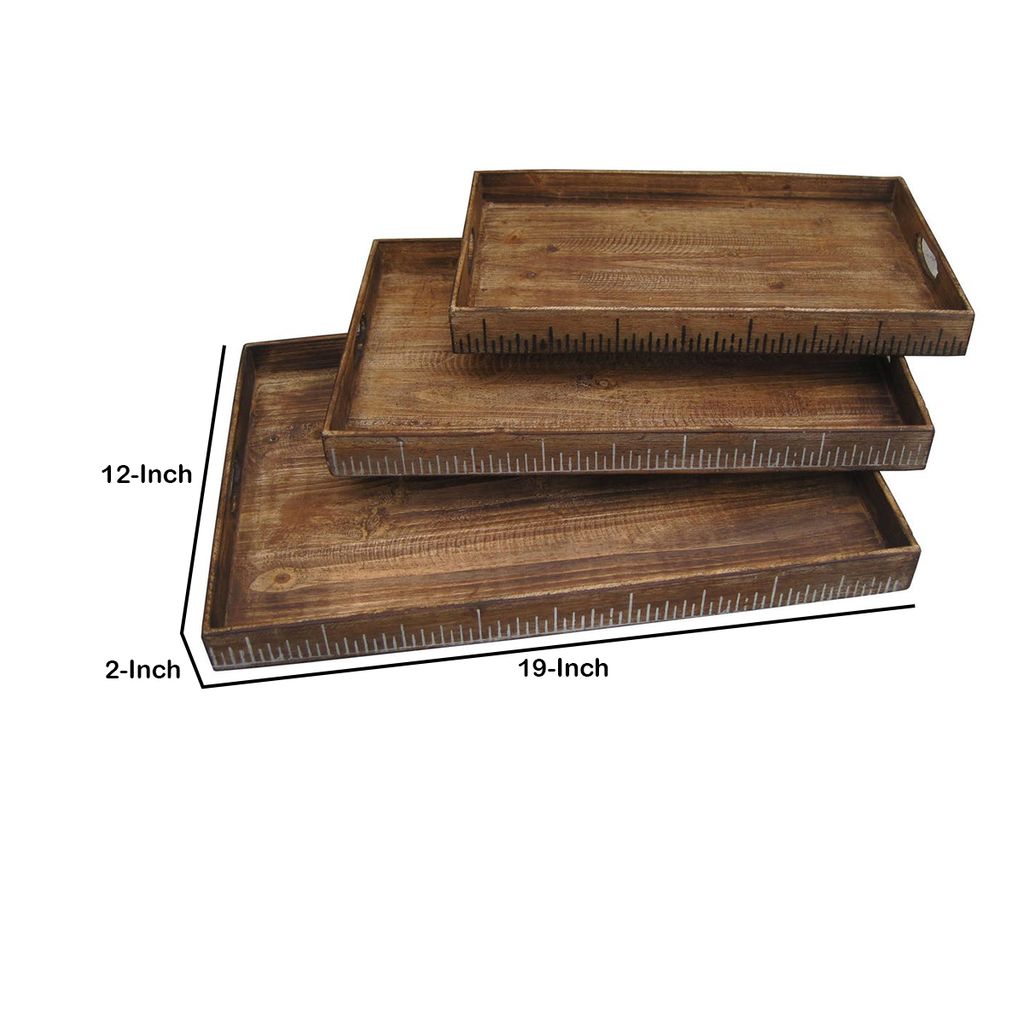 Wooden Tray with Grain Details and Cut Out Handles, Set of 3, Brown - View 5