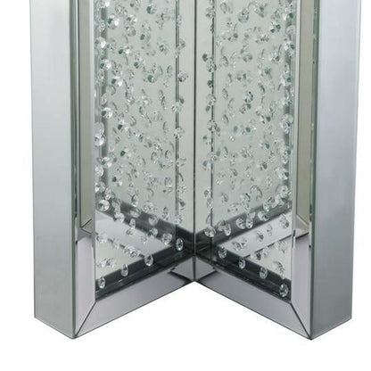 Round Mirrored Metal End Table with Glass Top and Crystal Accent Base, Silver - View 2