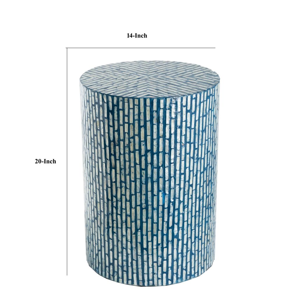 20 Inch Capiz Accent Stool Table, Cylindrical Linear Pattern, Blue, Black - View 5