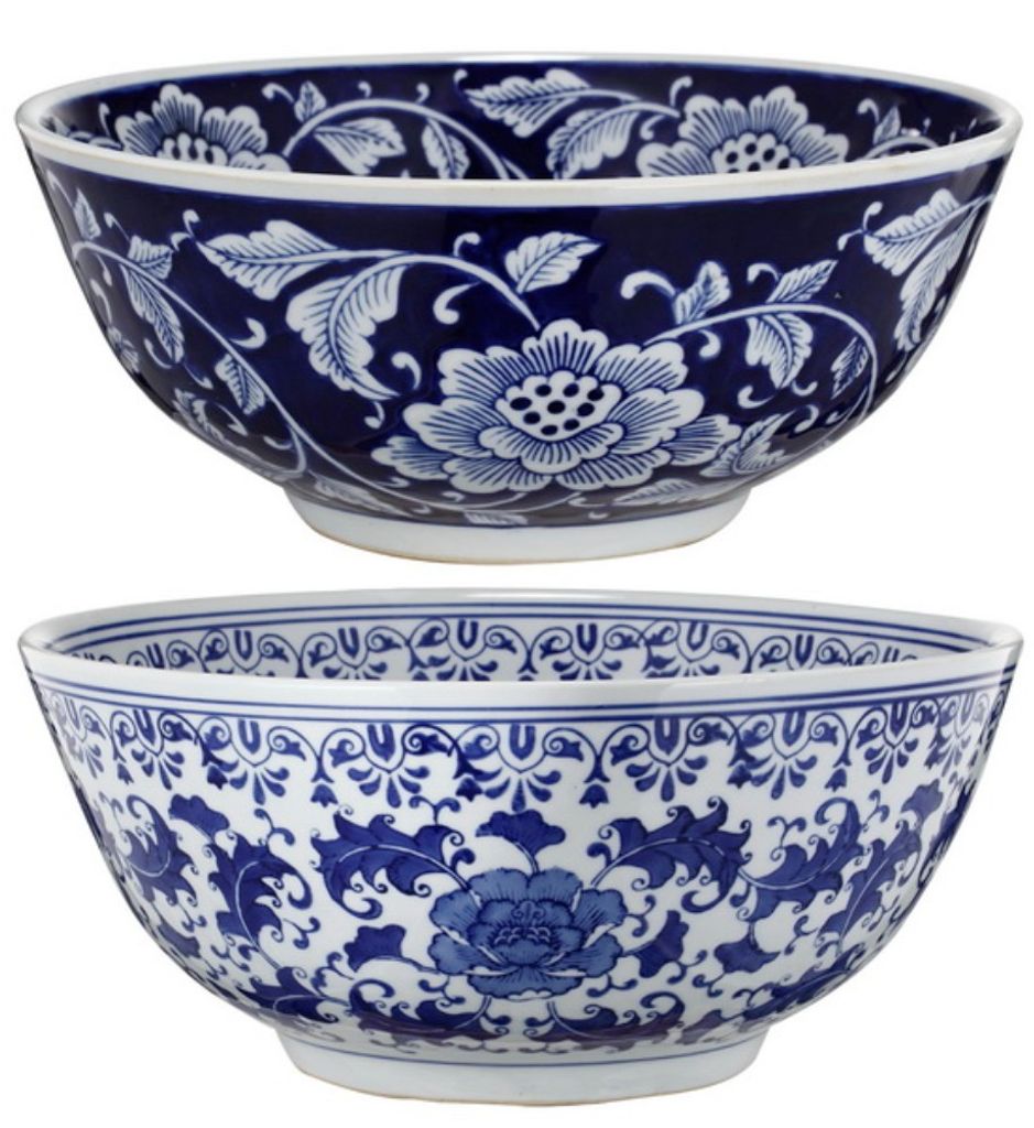 Round Ceramic Bowl with Floral Print, Set of 2, Blue And White,