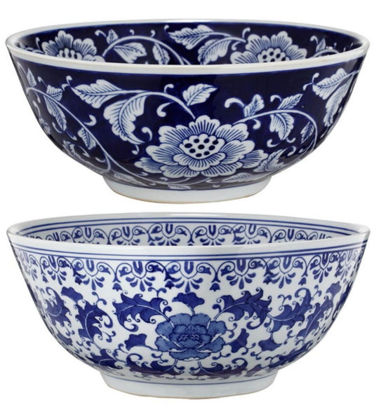 Round Ceramic Bowl with Floral Print, Set of 2, Blue And White,