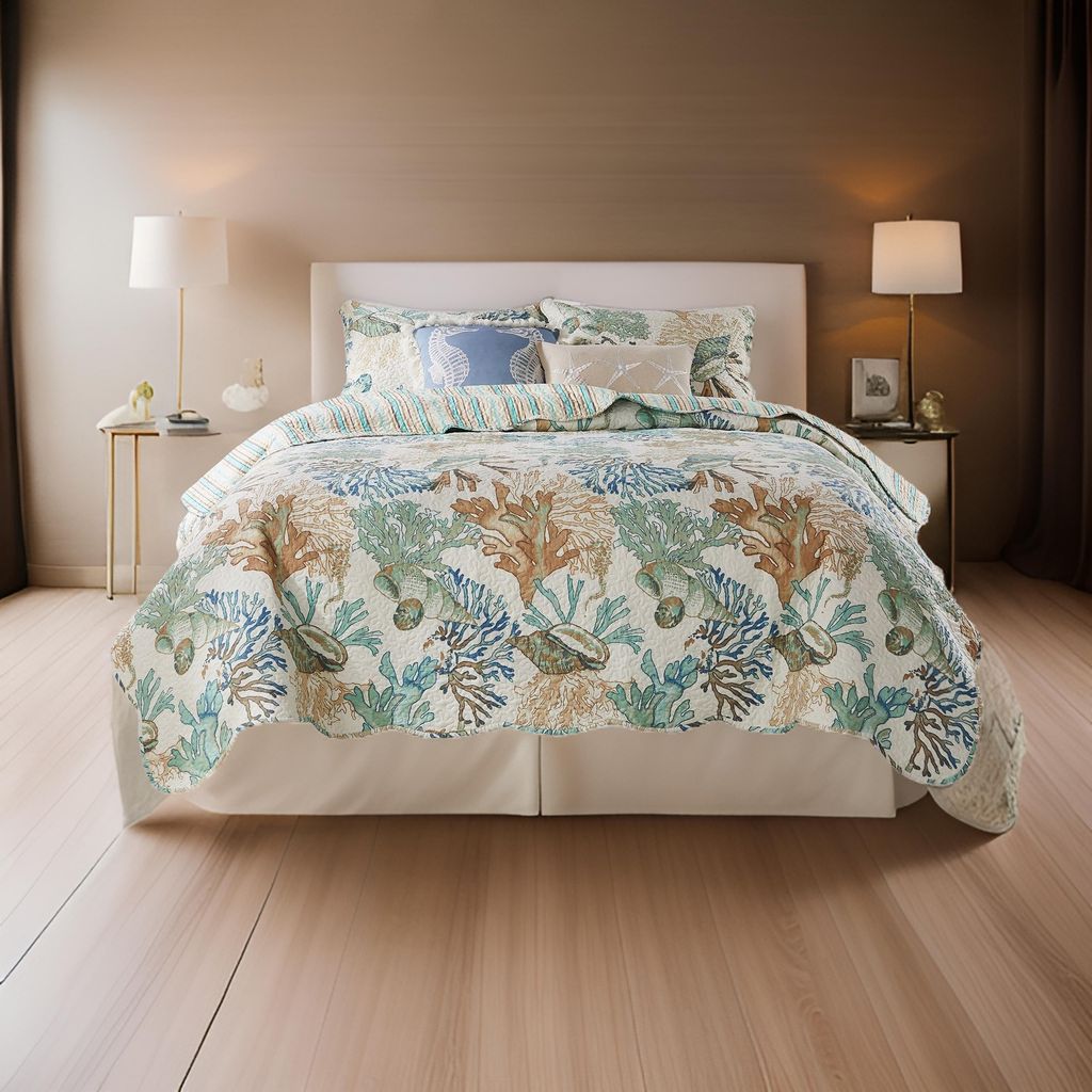 Wade 5 Piece Full Quilt Set, Ocean Design, Scalloped Edges, Floral Pattern - View 7