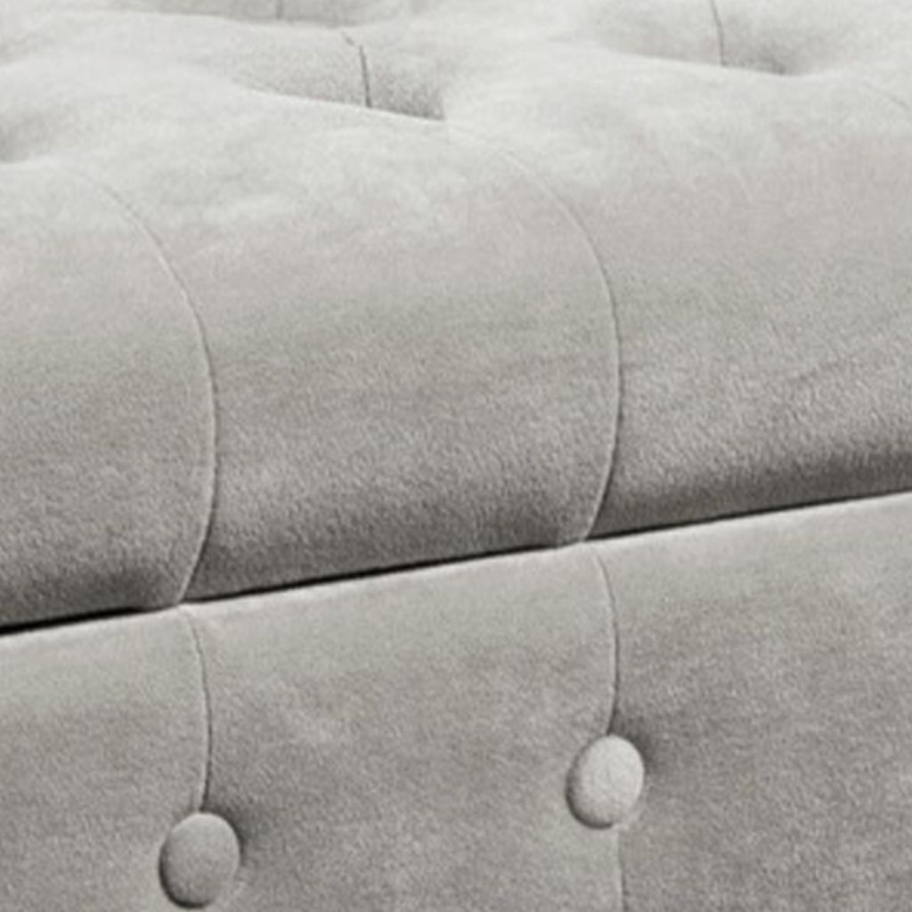 Velvet Upholstered Button Tufted Wooden Bench Settee With Hinged Storage, Gray and Brown - View 5