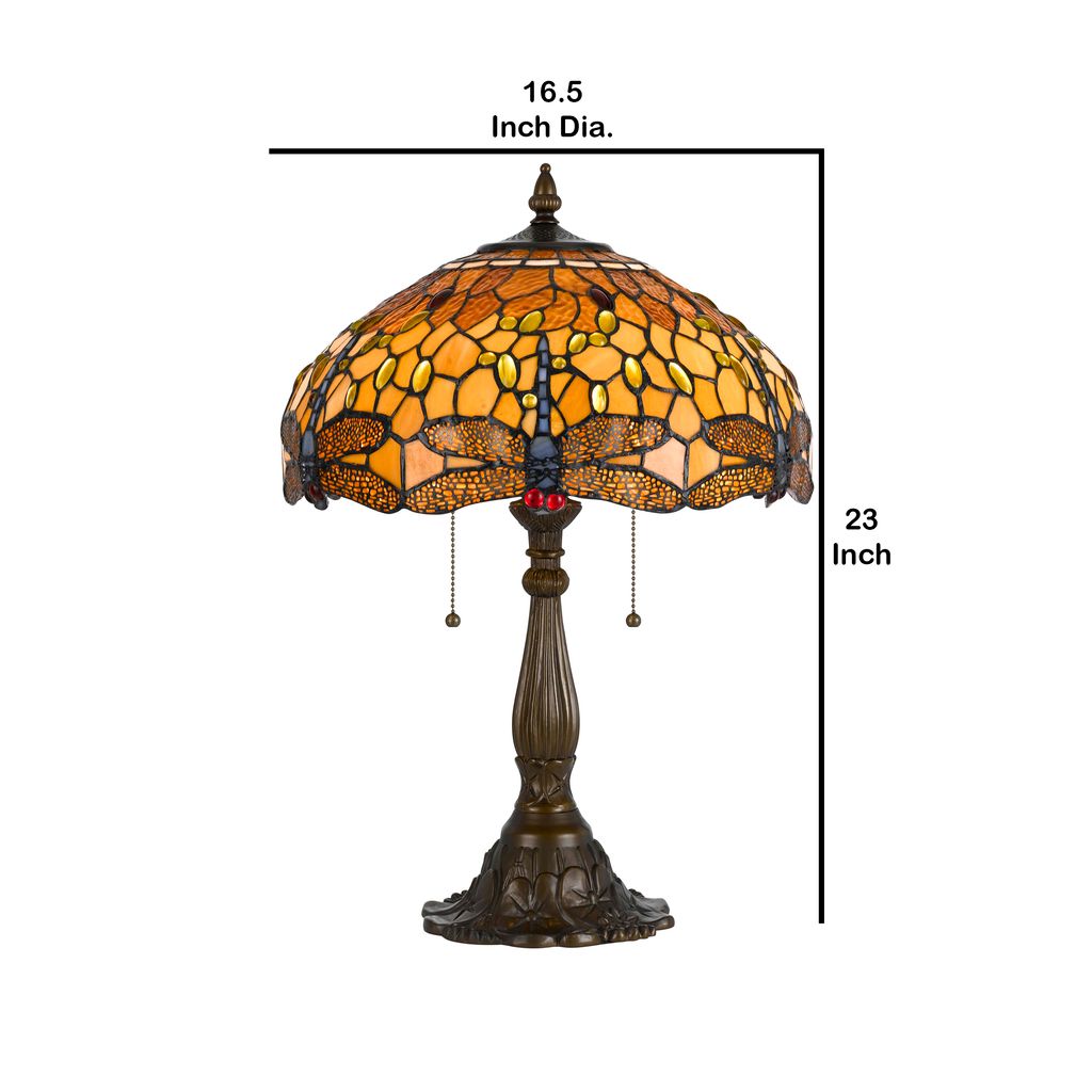 2 Bulb Tiffany Table Lamp with Dragonfly Design Shade, Multicolor - View 5