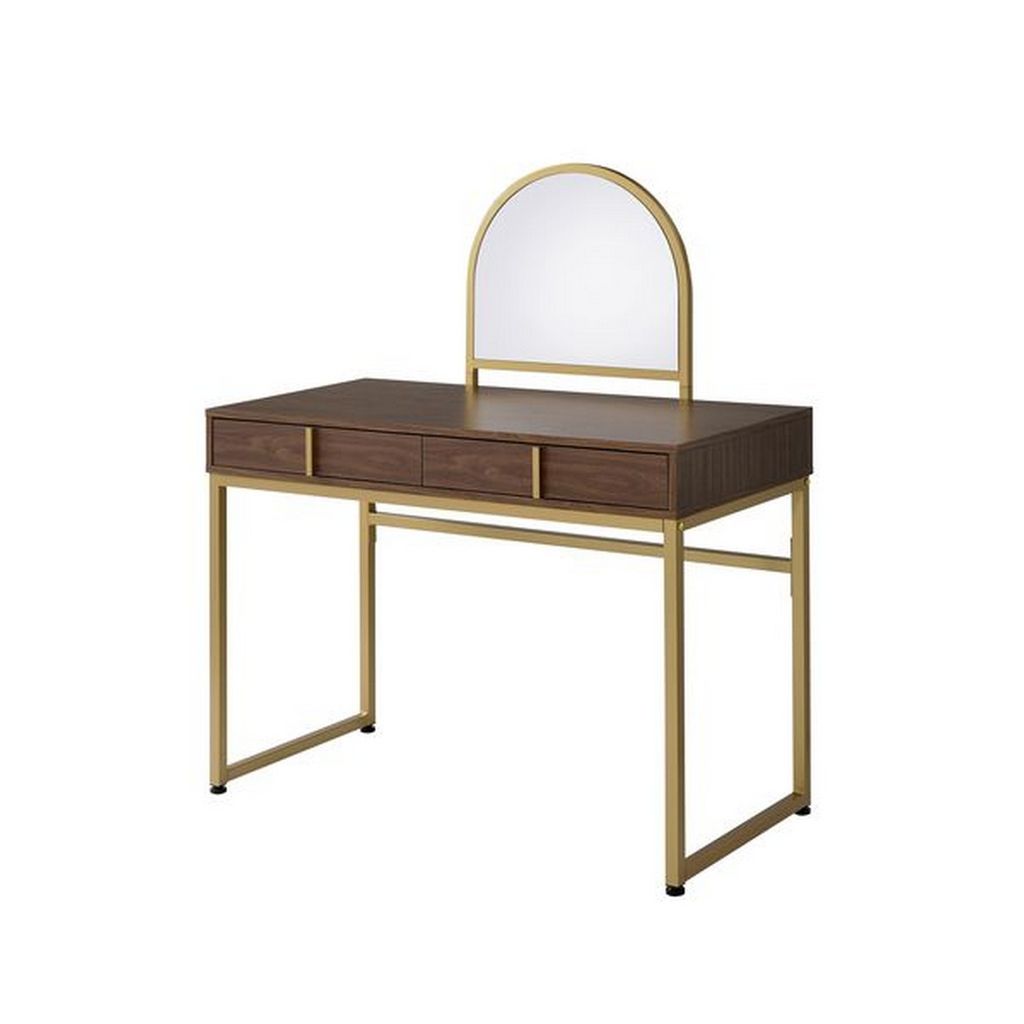 Vanity Desk with Mirror and Open Metal Frame, Brown and Gold
