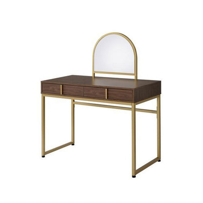 Vanity Desk with Mirror and Open Metal Frame, Brown and Gold