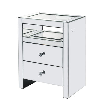 2 Drawer Beveled Mirrored Accent Table with Glass Top and LED, Silver