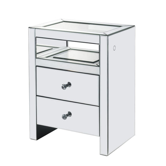 2 Drawer Beveled Mirrored Accent Table with Glass Top and LED, Silver