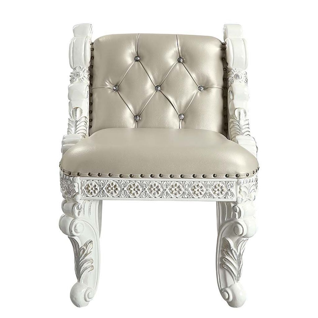 Vanity Stool with Nailhead Trim and Queen Anne Legs, White - View 3